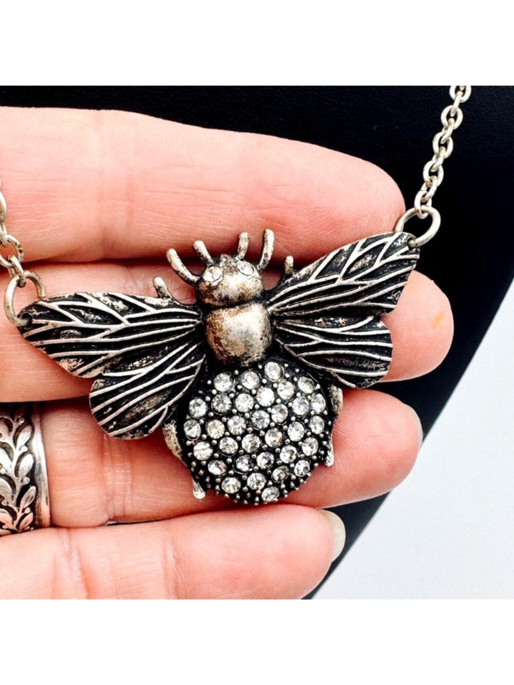 Bee Pendant Statement Necklace Antiqued Silver Tone Rhinestones 34" - Picture 3 of 8